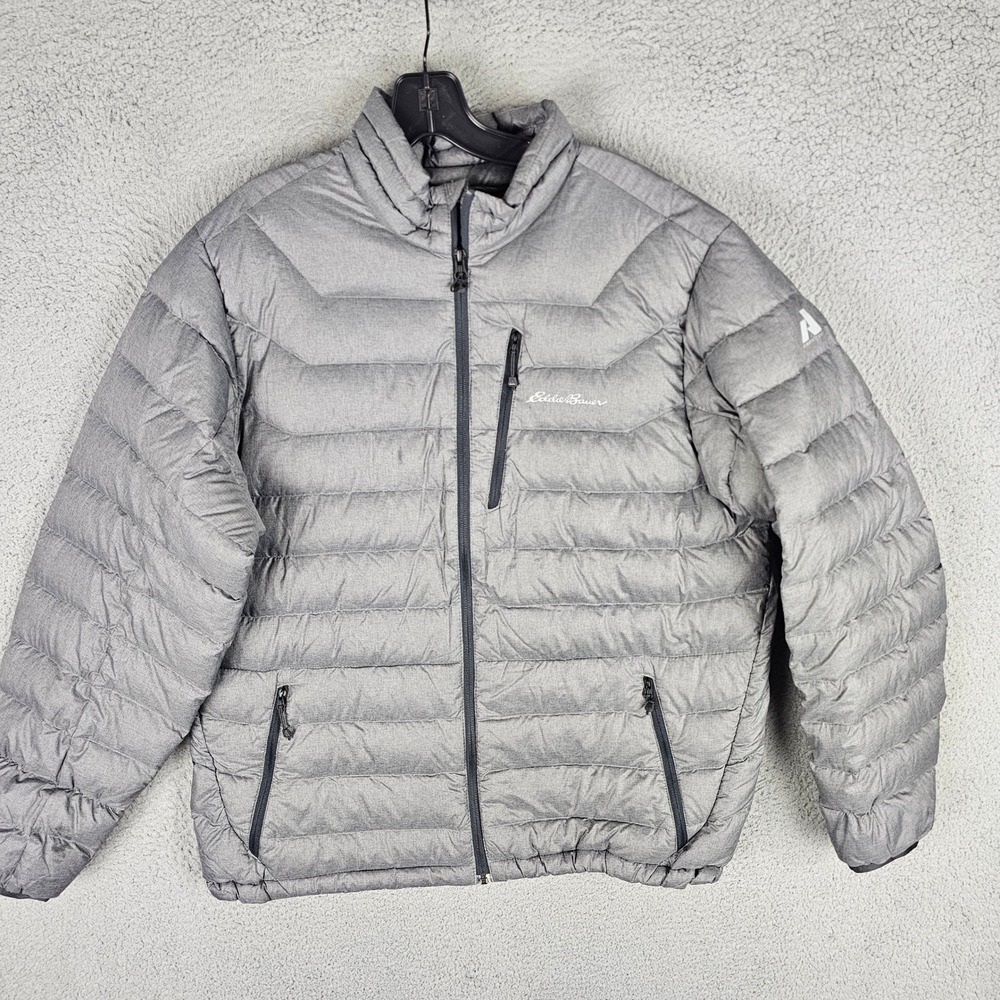 Eddie Bauer Puffer Jacket Mens L Gray First Ascent Goose Down Full Zip Outdoor